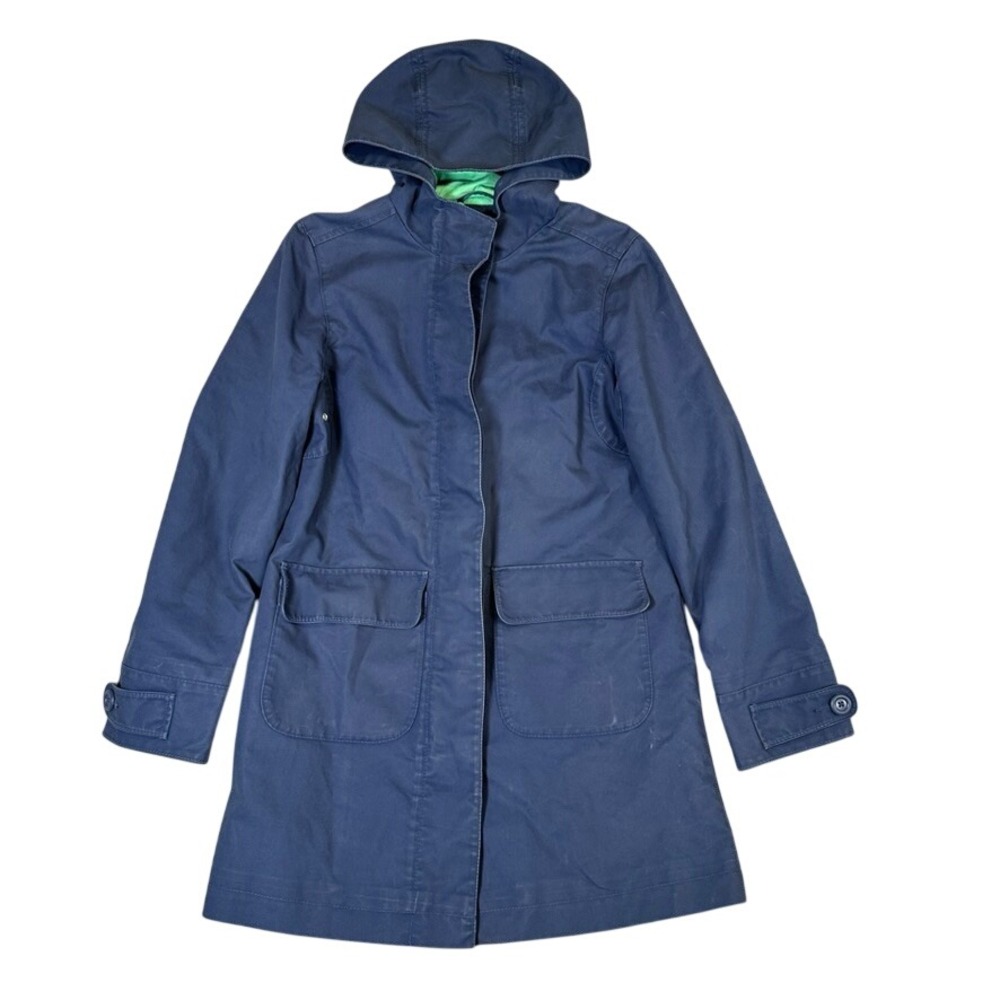 LL Bean Navy Blue Hooded Parka Jacket with Green Lining and Flap Pockets